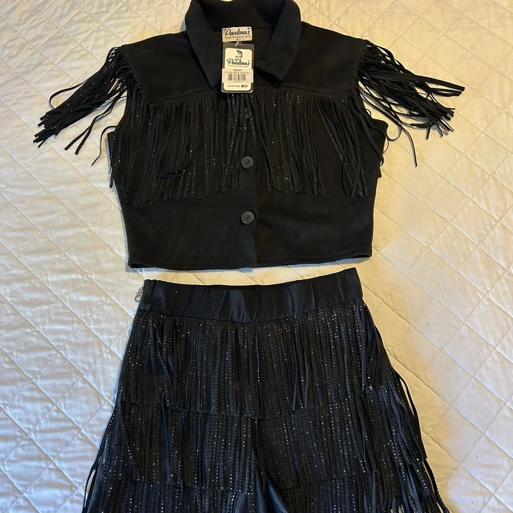 Black Fringe Two-Piece Set - Picture 1 of 13